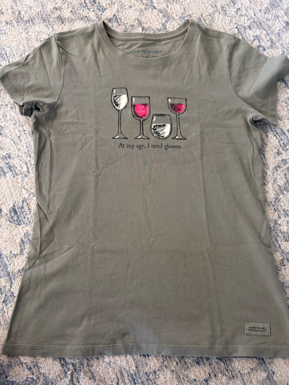 Life Is Good Olive Short-Sleeve Tee with Pink Wine Glass Accents
